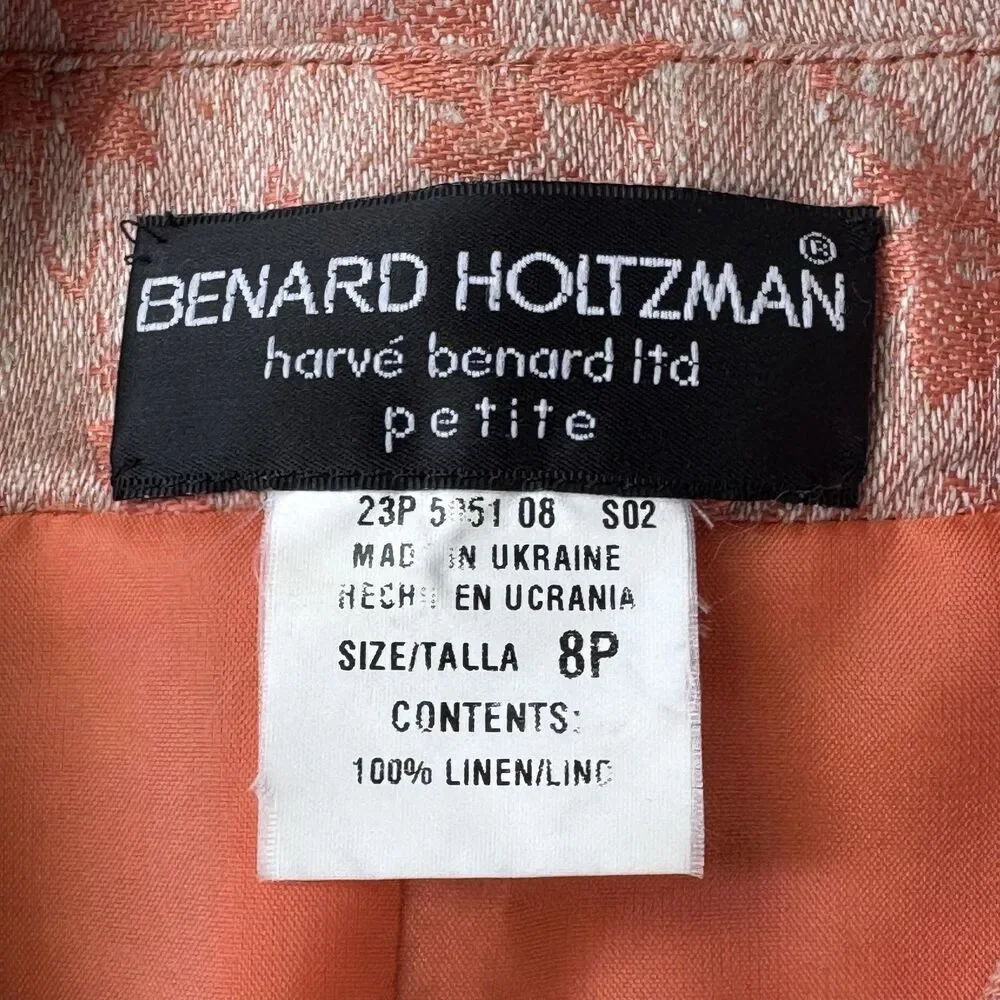 Benard Holtzman Shirt Pants Set Womens 8P Orange Floral Linen Petite‎ Lined Suit